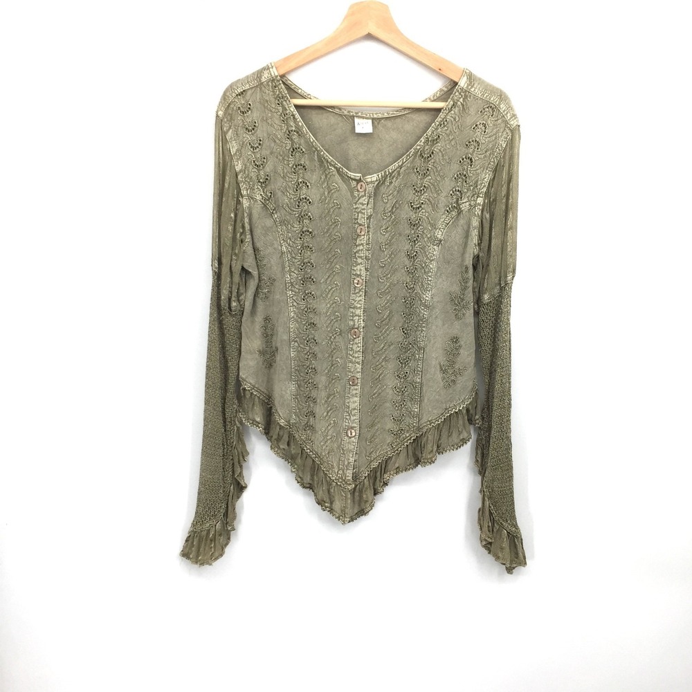 Kirat Green fairycore embroidered lace top boho grunge whimsigoth witchy hippy L